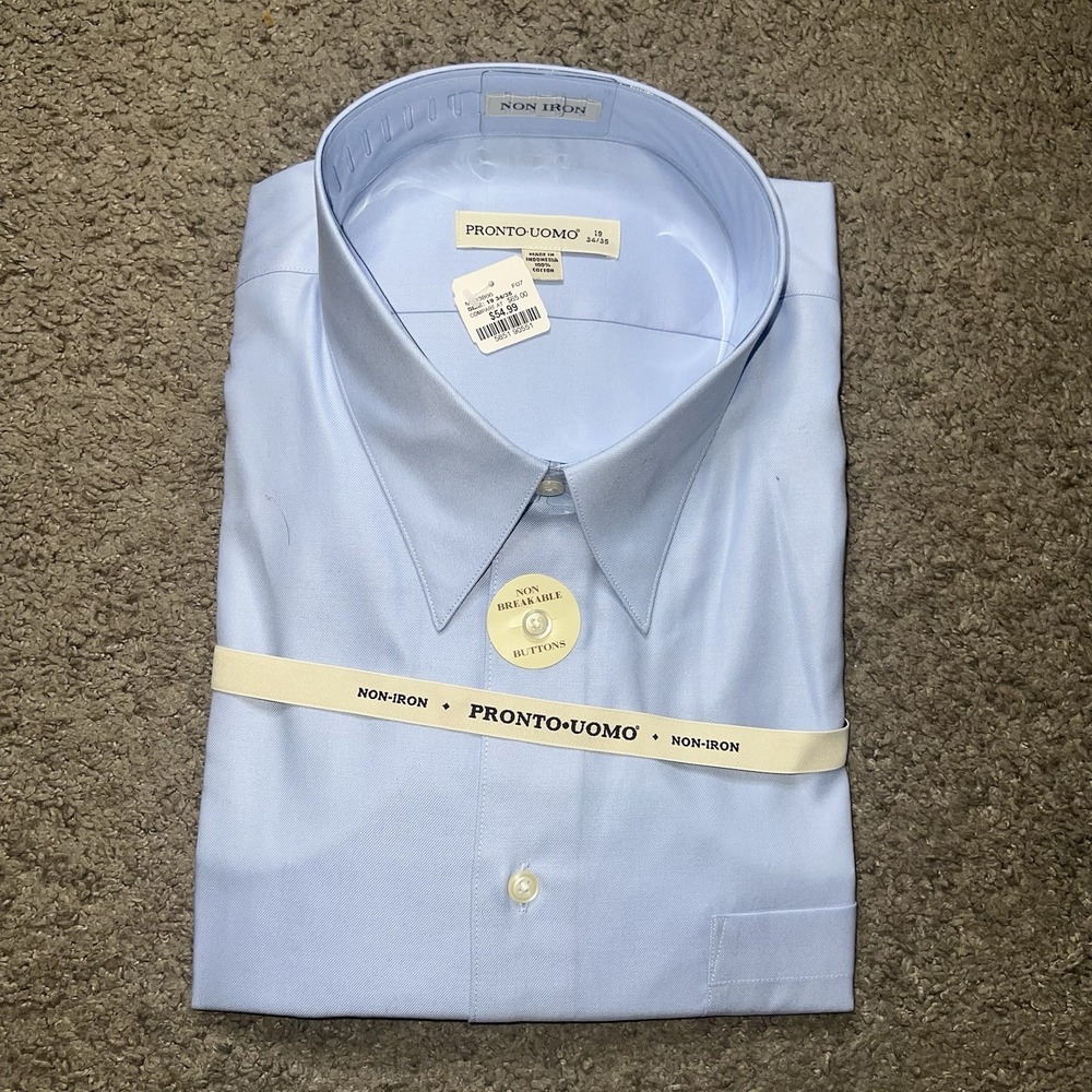 Pronto Uomo Non-Iron 100% Cotton Blue Dress Shirt Size 19 34/35
